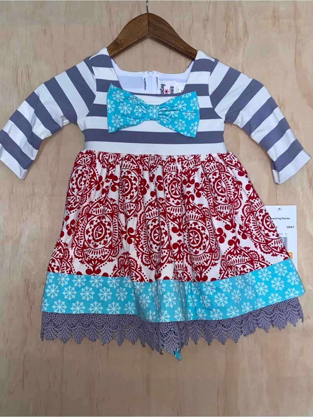 Striped Gray & Red Girls Dress with Turquoise Bow